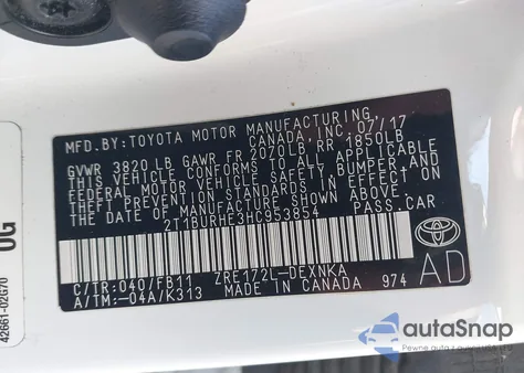 2017 Toyota Corolla Le from USA, damaged, VIN 2T1BURHE3HC953854